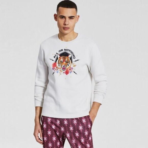 INC International Concepts Sweatshirt Mens M Ivory All Or Nothing Tiger Graphic - Picture 1 of 12